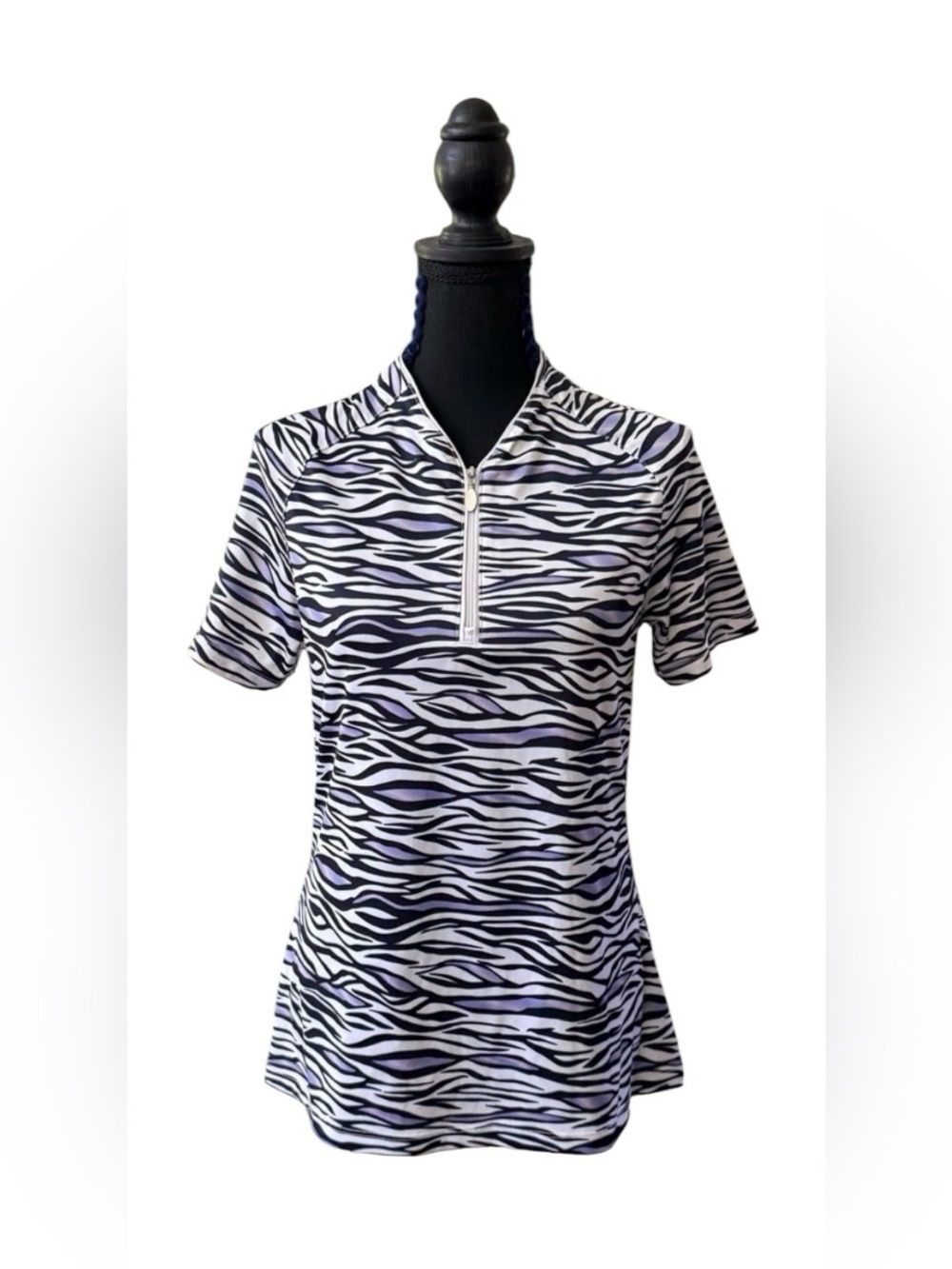 GU Zebra-Print Short Sleeve Polo Top - Black, Purple and White